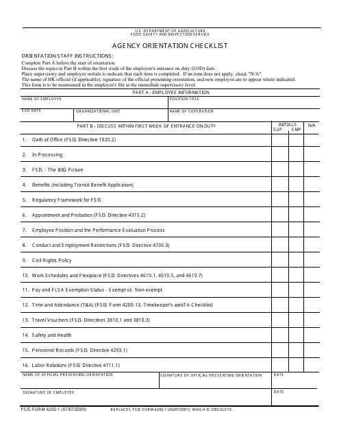 FSIS Form 4200-1 Agency Orientation Checklist