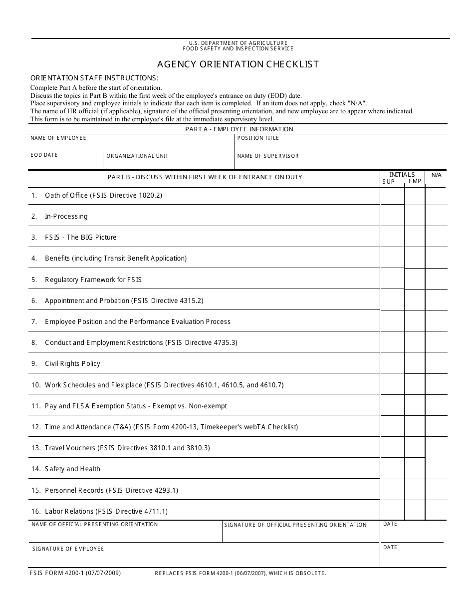 FSIS Form 4200-1 Agency Orientation Checklist, Page 1