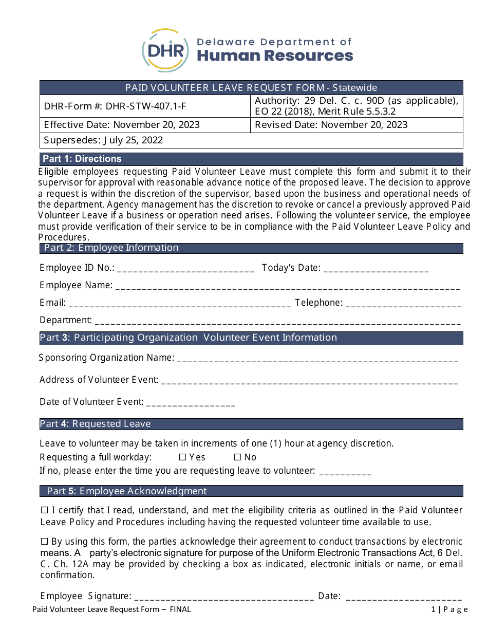 Paid Volunteer Leave Request Form - Statewide - Delaware, Page 1