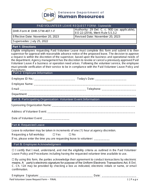 Paid Volunteer Leave Request Form - Statewide - Delaware Download Pdf