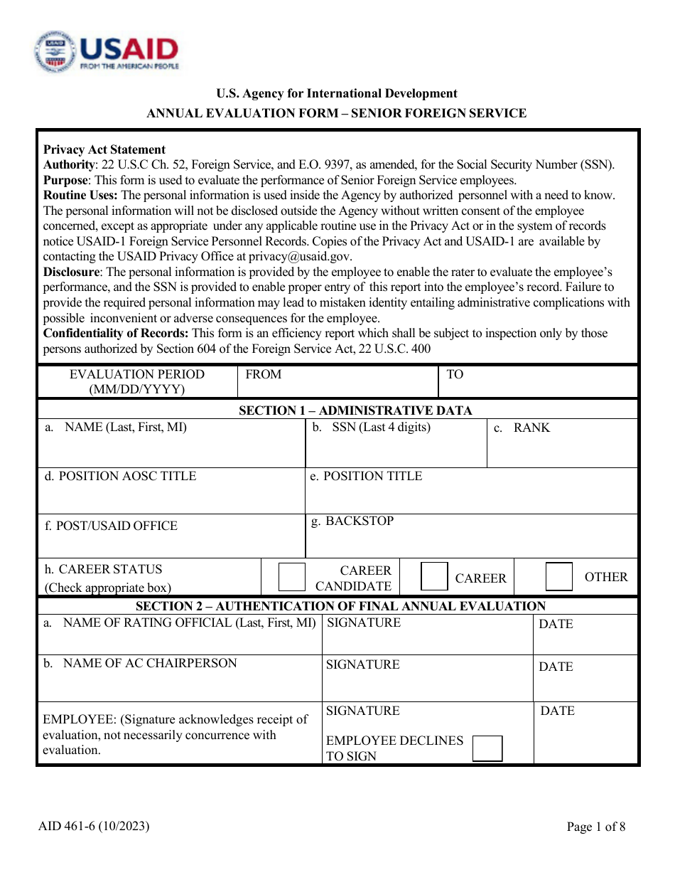 Form AID461-6 Annual Evaluation Form - Senior Foreign Service, Page 1