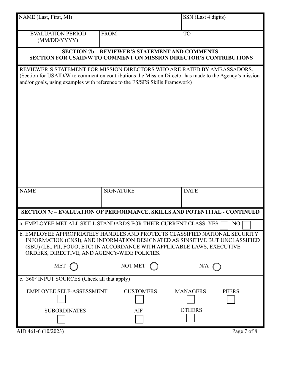Form AID461-6 Annual Evaluation Form - Senior Foreign Service, Page 7