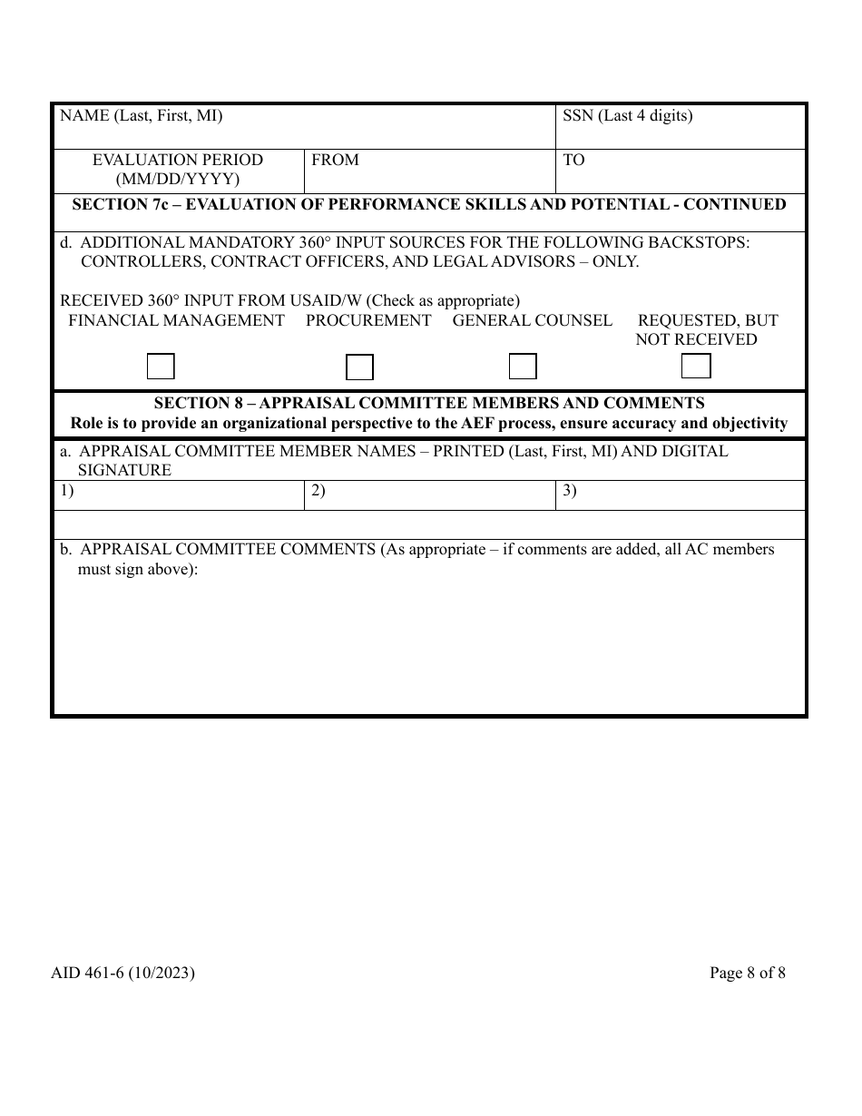 Form AID461-6 Annual Evaluation Form - Senior Foreign Service, Page 8