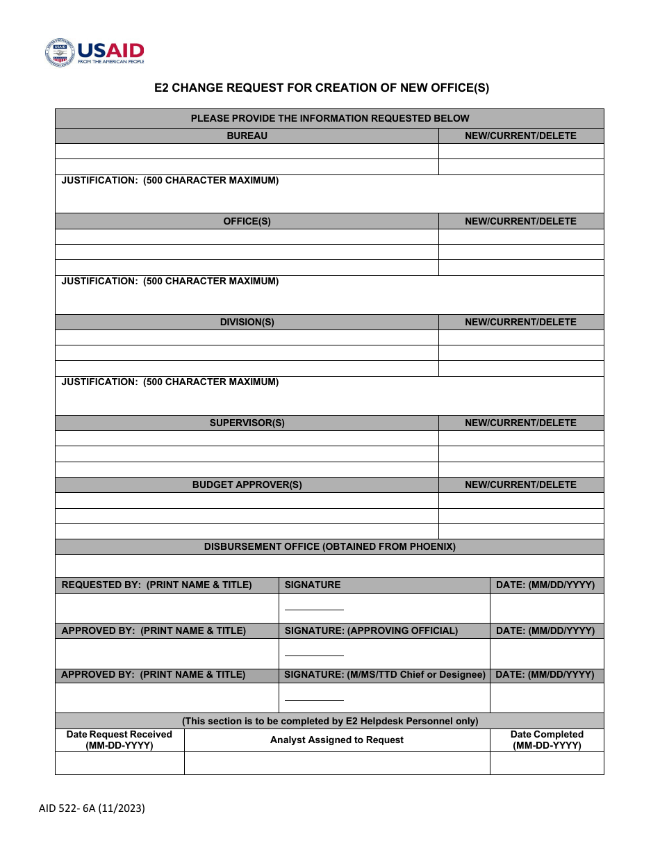 Form AID522-6A E2 Change Request for Creation of New Office(S), Page 1