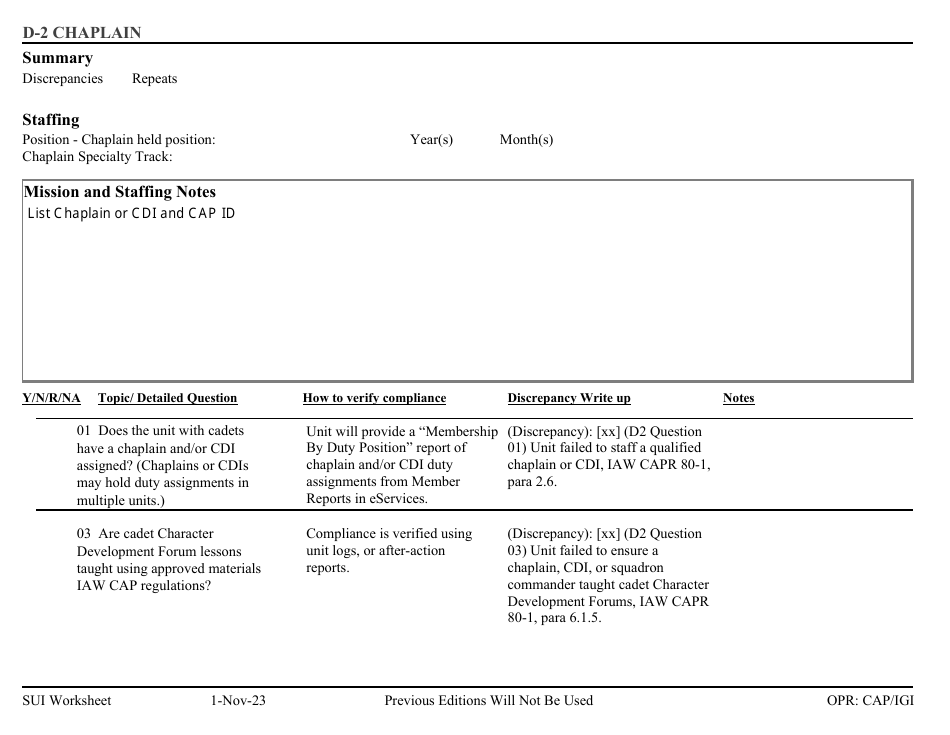 Form D-2 Sui Worksheet - Chaplain, Page 1