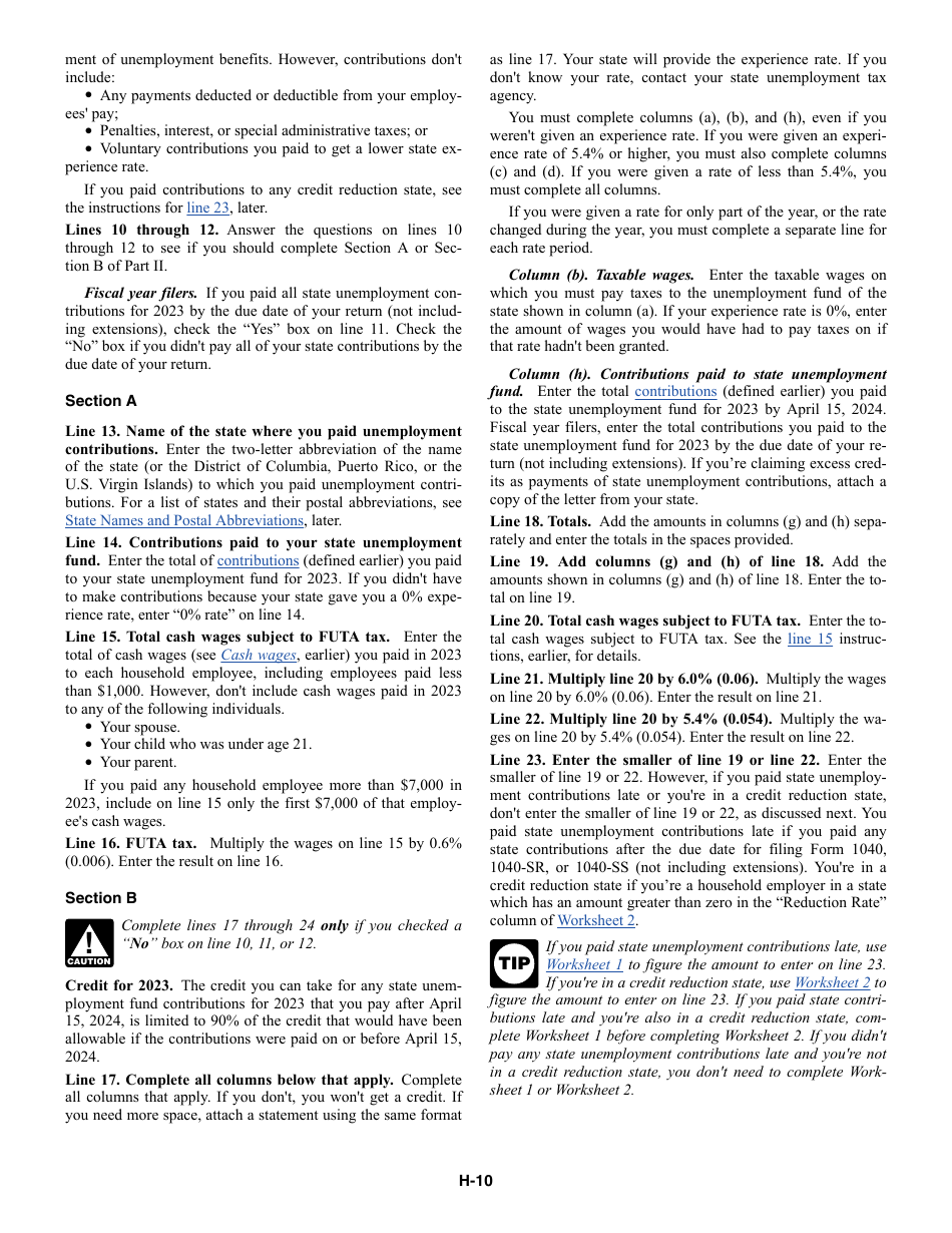 Instructions for IRS Form 1040 Schedule H Household Employment Taxes, Page 10