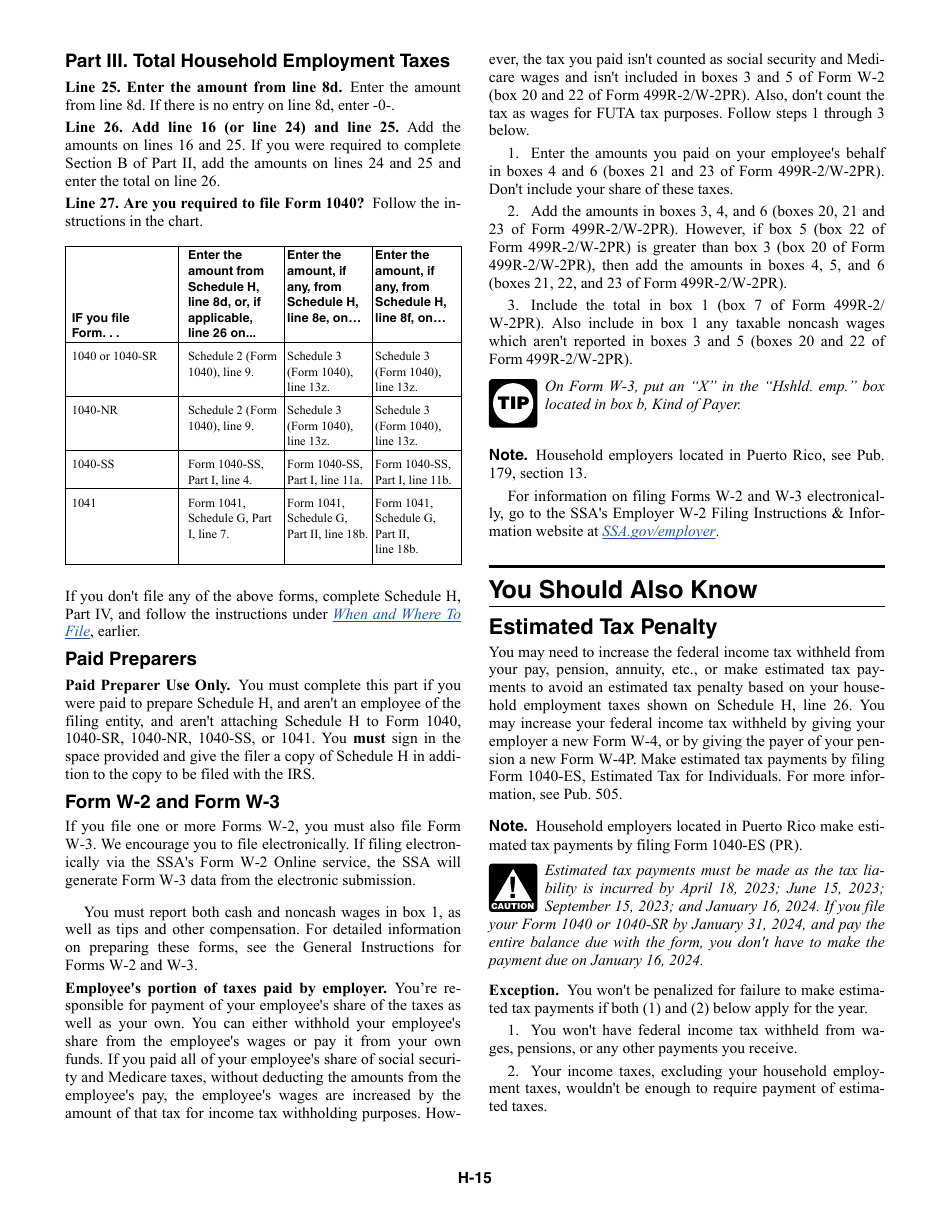 Instructions for IRS Form 1040 Schedule H Household Employment Taxes, Page 15