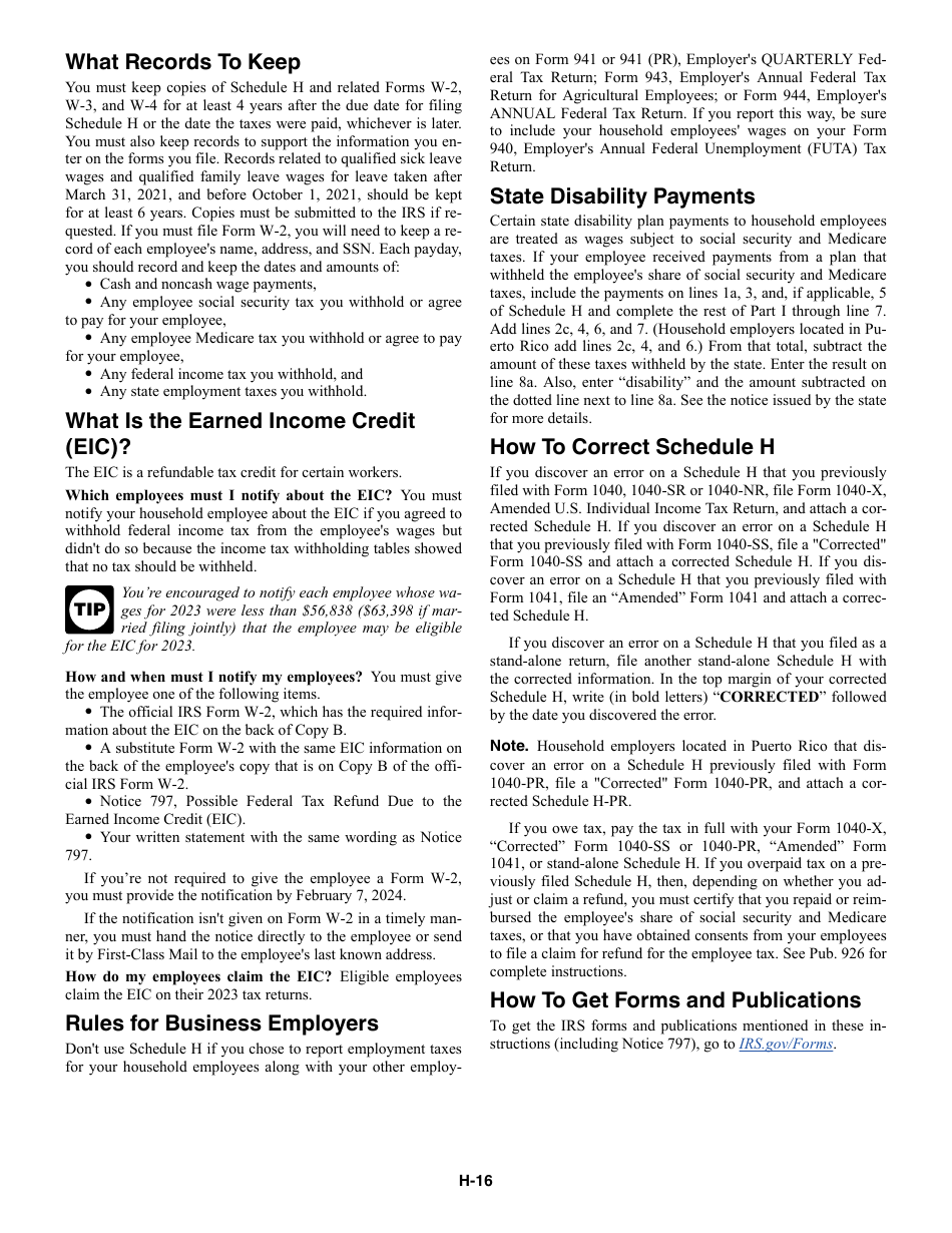 Instructions for IRS Form 1040 Schedule H Household Employment Taxes, Page 16