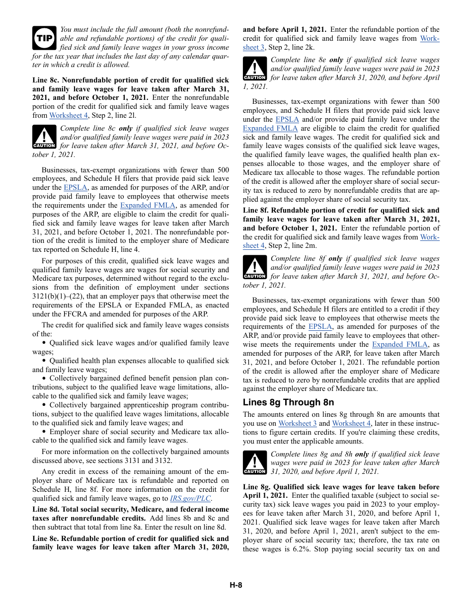 Instructions for IRS Form 1040 Schedule H Household Employment Taxes, Page 8