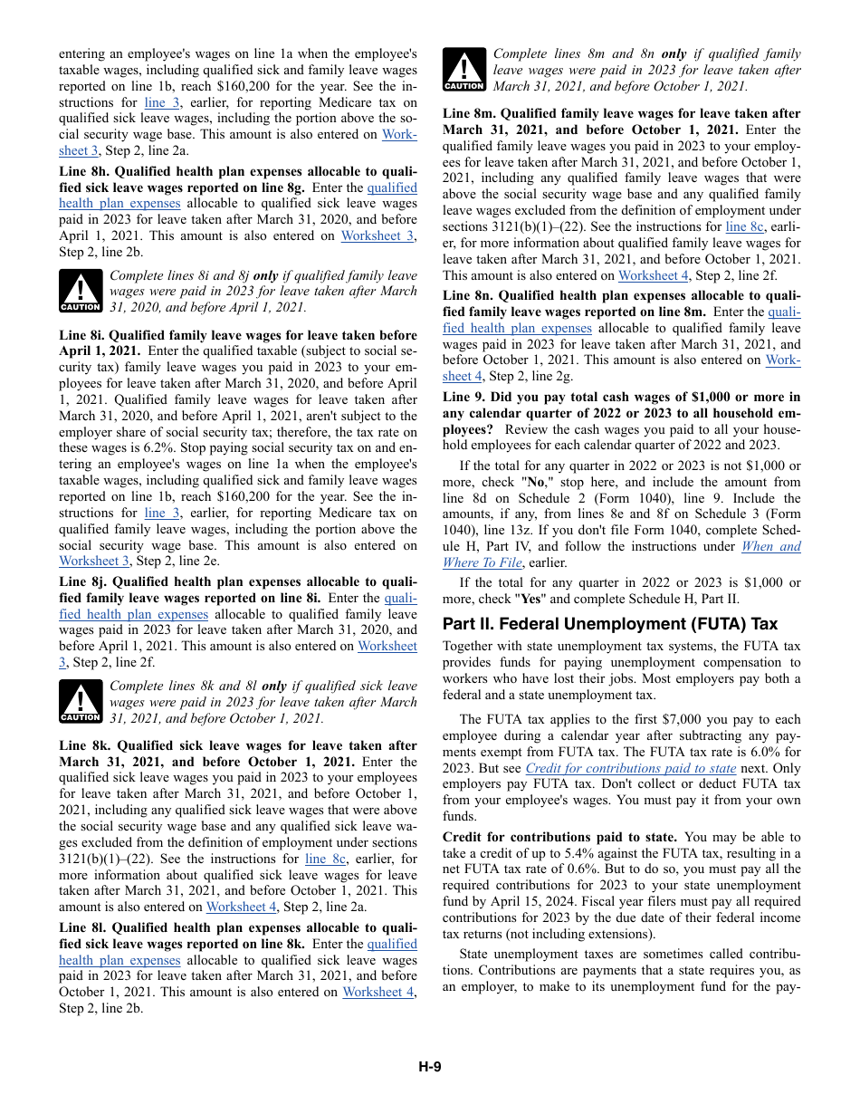Instructions for IRS Form 1040 Schedule H Household Employment Taxes, Page 9