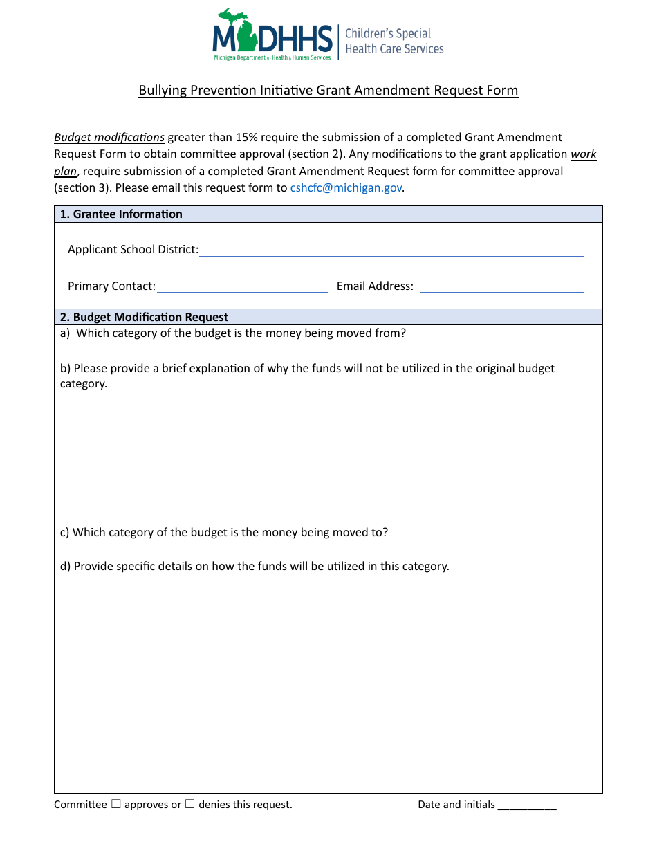 Bullying Prevention Initiative Grant Amendment Request Form - Michigan, Page 1