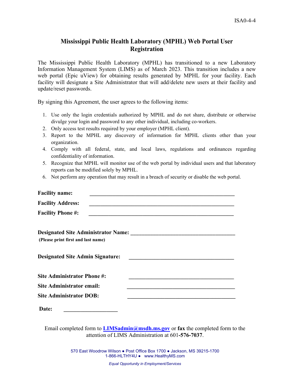 Form ISA0-4-4 Mississippi Public Health Laboratory (Mphl) Web Portal User Registration - Mississippi, Page 1