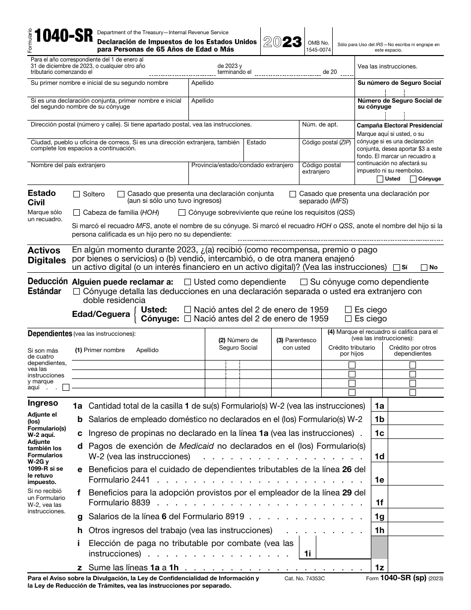 IRS Formulario 1040-SR (SP) Declaracion De Impuestos De Los Estados Unidos Para Personas De 65 Anos De Edad O Mas (Spanish), Page 1