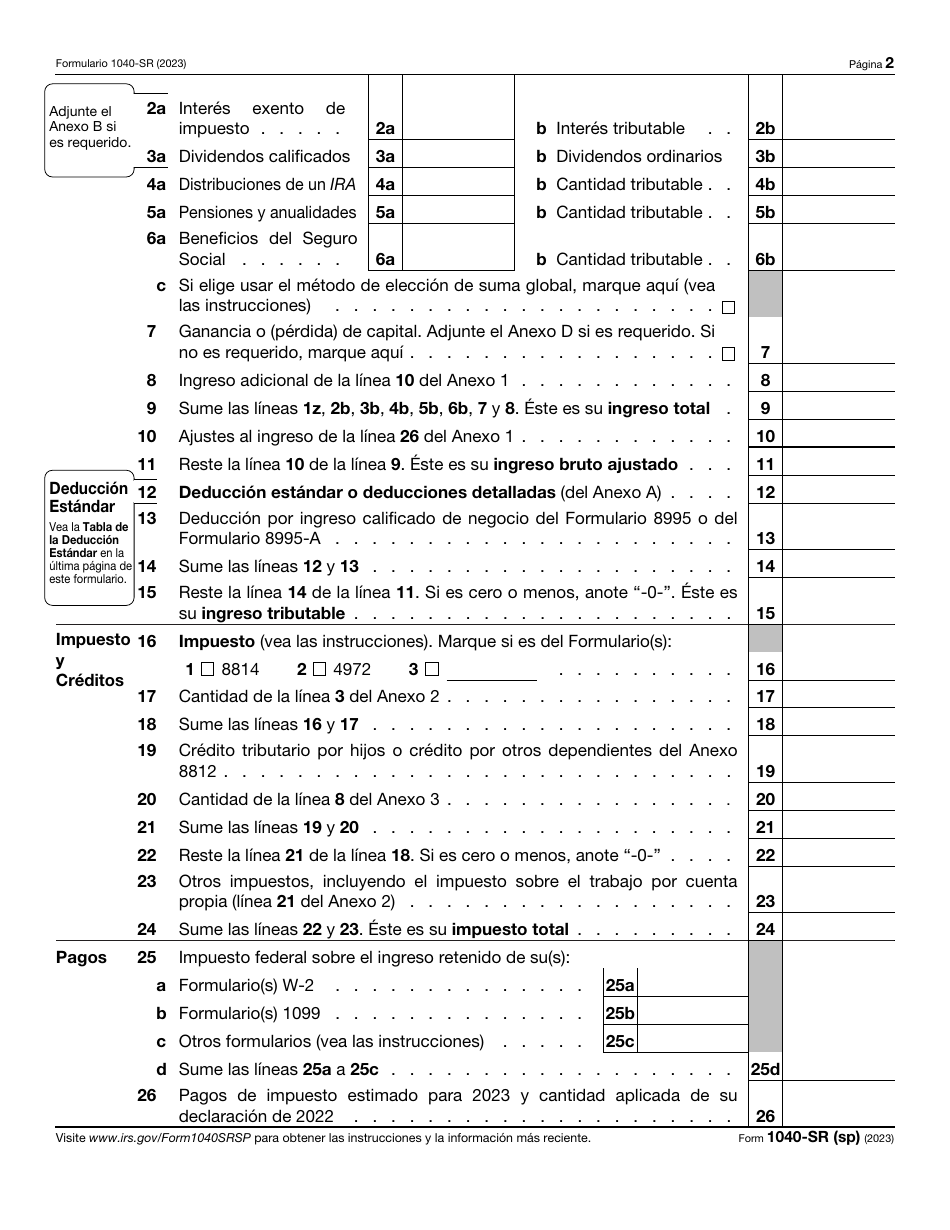 IRS Formulario 1040-SR (SP) Declaracion De Impuestos De Los Estados Unidos Para Personas De 65 Anos De Edad O Mas (Spanish), Page 2