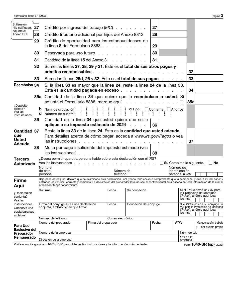 IRS Formulario 1040-SR (SP) Declaracion De Impuestos De Los Estados Unidos Para Personas De 65 Anos De Edad O Mas (Spanish), Page 3