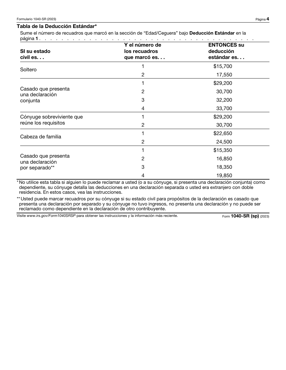 IRS Formulario 1040-SR (SP) Declaracion De Impuestos De Los Estados Unidos Para Personas De 65 Anos De Edad O Mas (Spanish), Page 4