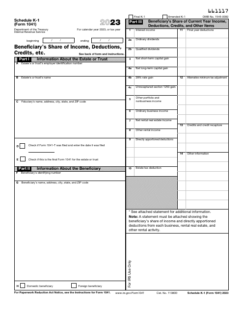 IRS Form 1041 Schedule K-1 Beneficiary's Share of Current Year Income, Deductions, Credits, and Other Items, 2023