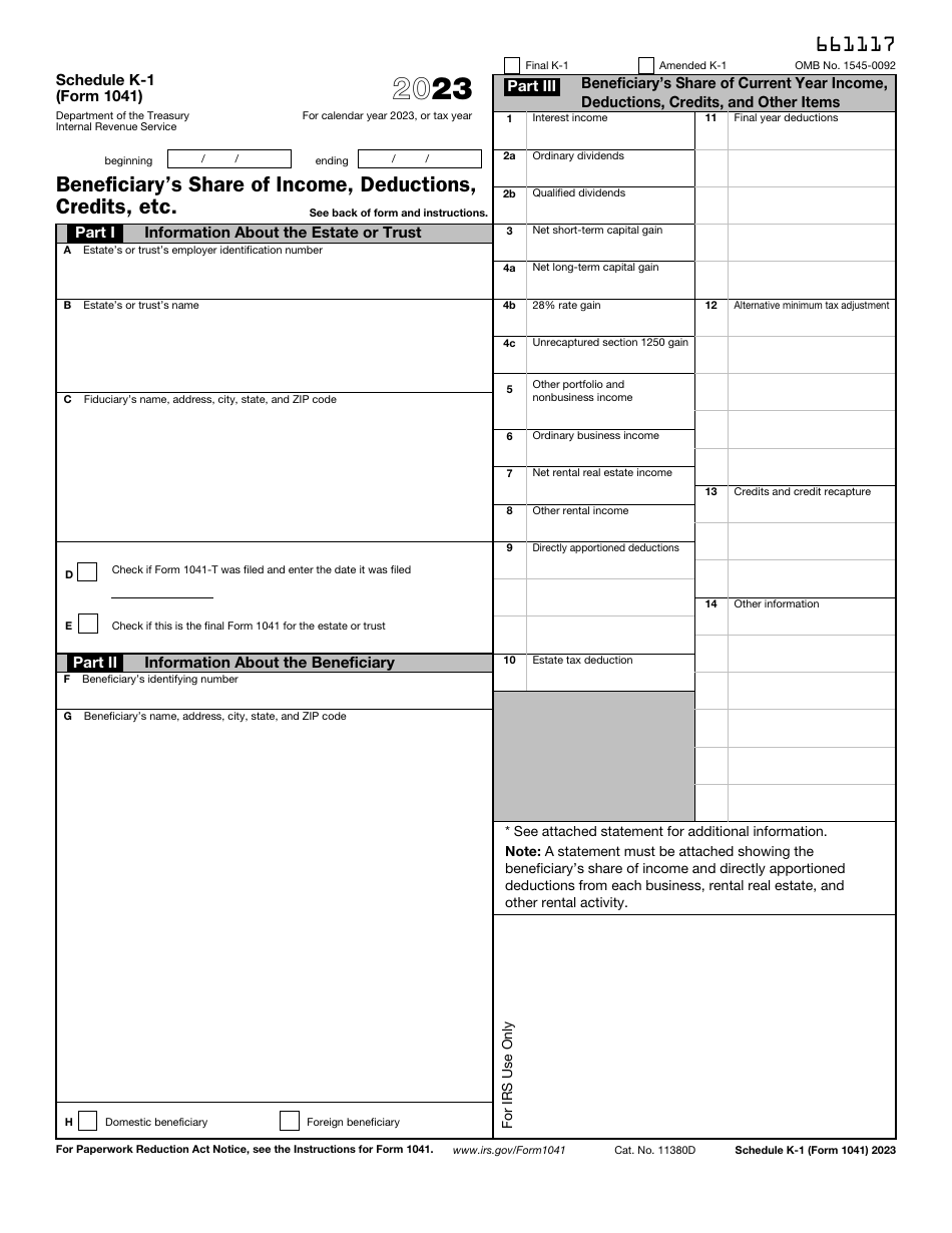 IRS Form 1041 Schedule K-1 Beneficiarys Share of Current Year Income, Deductions, Credits, and Other Items, Page 1
