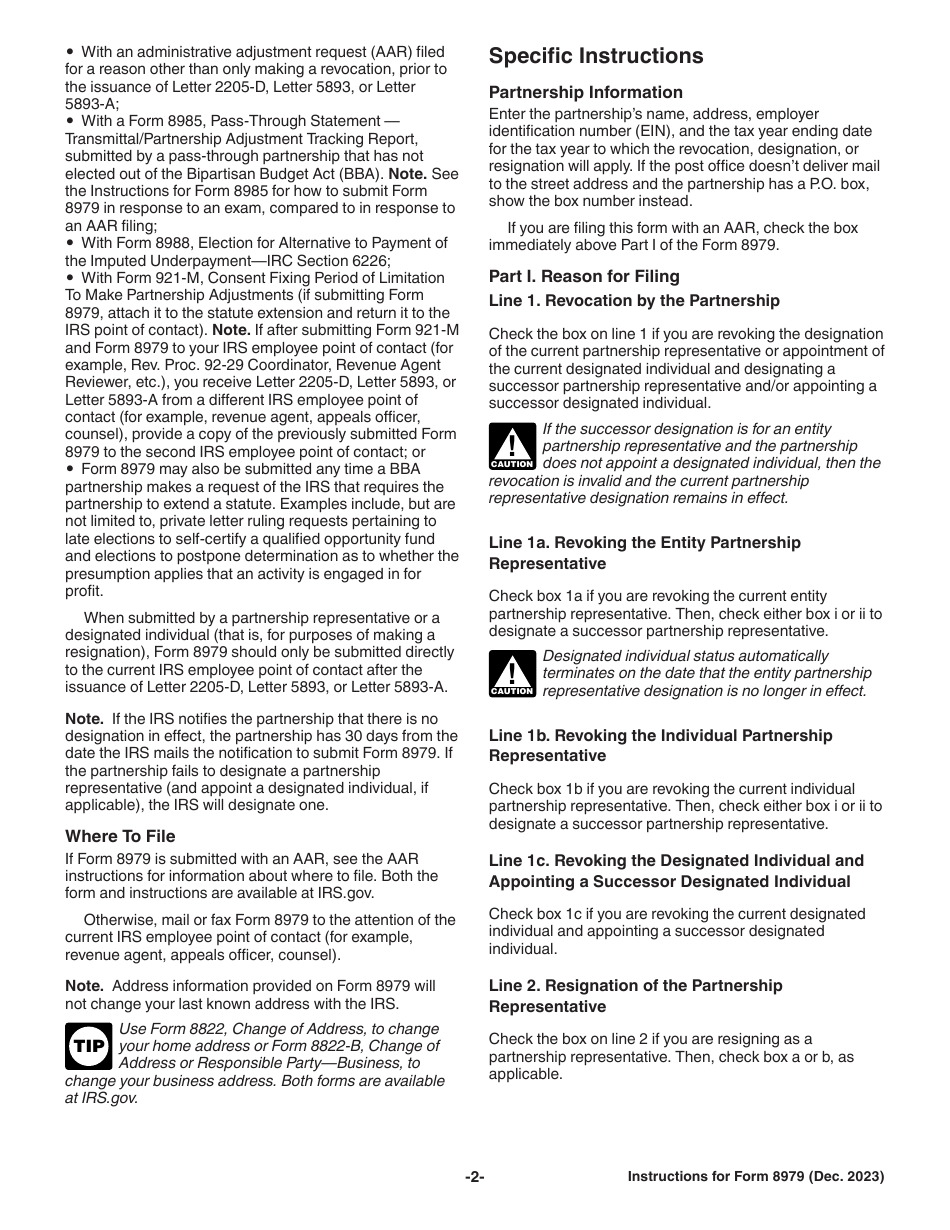 Instructions for IRS Form 8979 Partnership Representative Revocation, Designation, and Resignation, Page 2