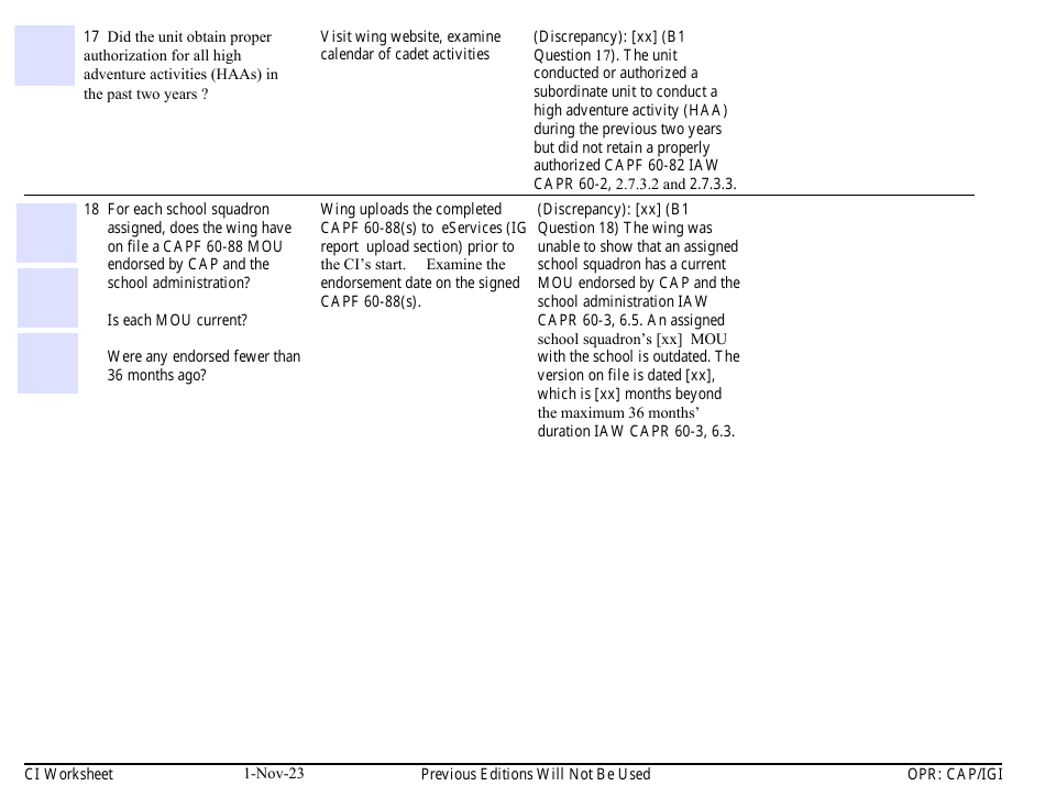 Form B-1 Ci Worksheet - Cadet Programs, Page 3