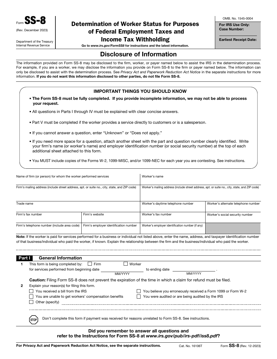 IRS Form SS-8 Determination of Worker Status for Purposes of Federal Employment Taxes and Income Tax Withholding, Page 1