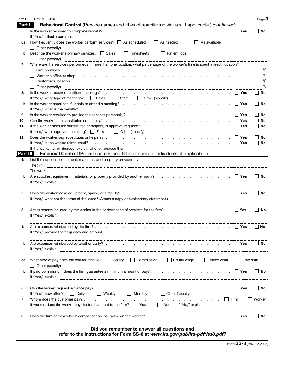 IRS Form SS-8 Determination of Worker Status for Purposes of Federal Employment Taxes and Income Tax Withholding, Page 3