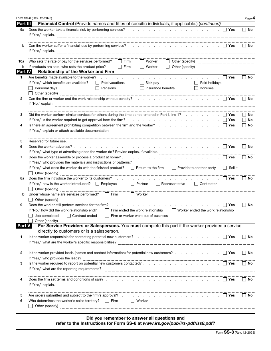IRS Form SS-8 Determination of Worker Status for Purposes of Federal Employment Taxes and Income Tax Withholding, Page 4