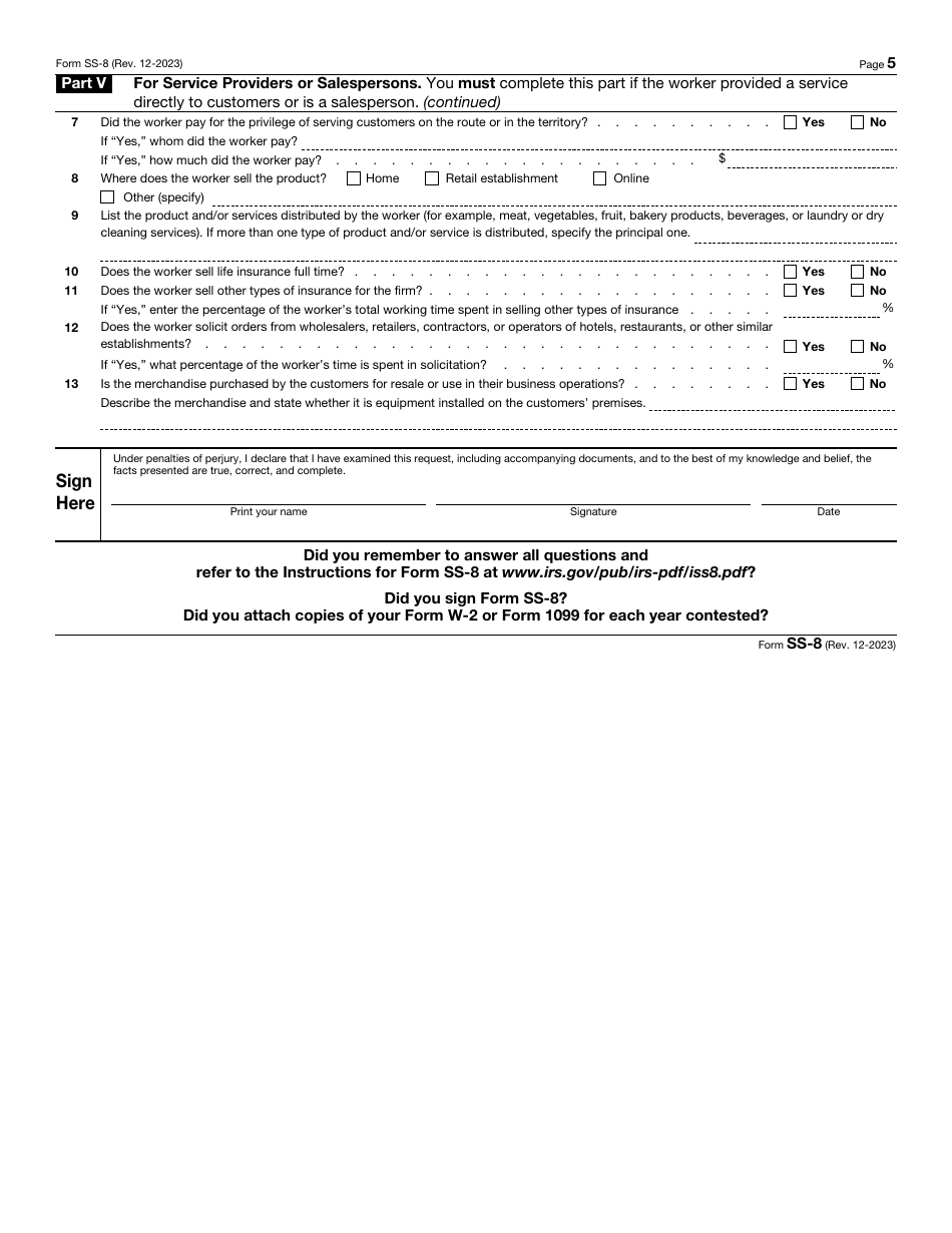IRS Form SS-8 Determination of Worker Status for Purposes of Federal Employment Taxes and Income Tax Withholding, Page 5