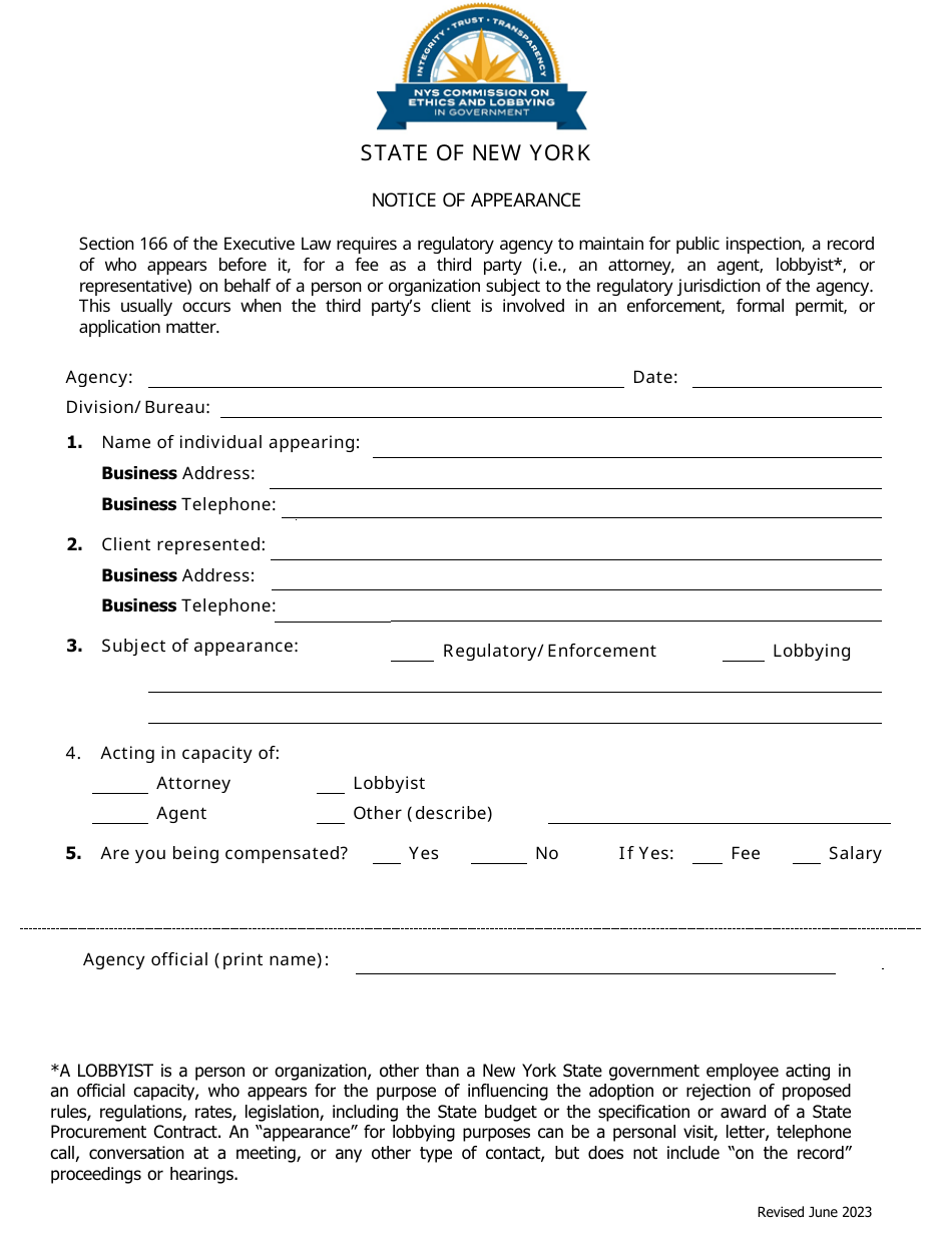 New York Notice Of Appearance Fill Out Sign Online And Download PDF