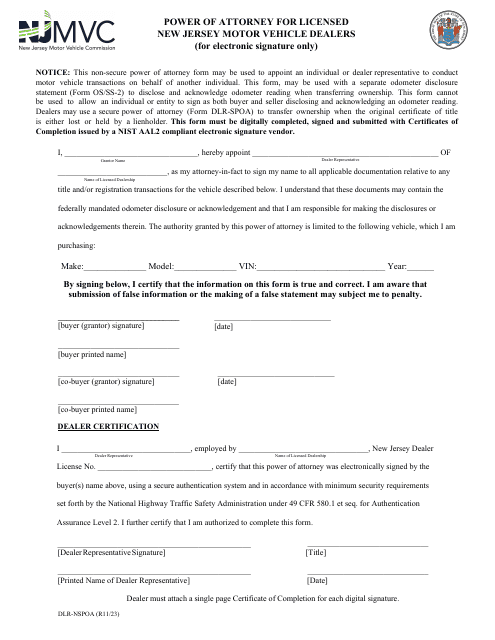 Form DLR-NSPOA Power of Attorney for Licensed New Jersey Motor Vehicle Dealers (For Electronic Signature Only) - New Jersey