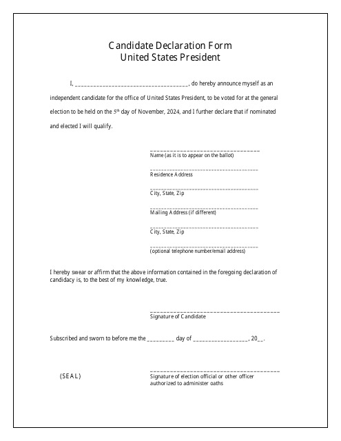 Candidate Declaration Form - United States President - Missouri Download Pdf