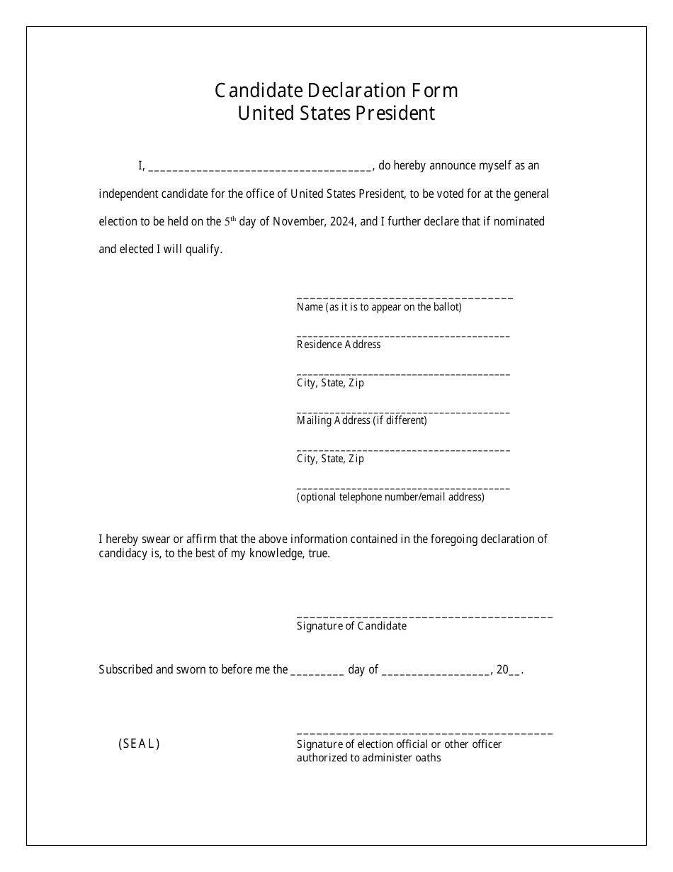 Candidate Declaration Form - United States President - Missouri, Page 1