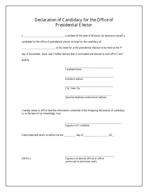 Declaration of Candidacy for the Office of Presidential Elector - Missouri Download Pdf