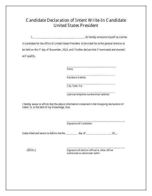 Candidate Declaration of Intent Write-In Candidate - United States President - Missouri Download Pdf