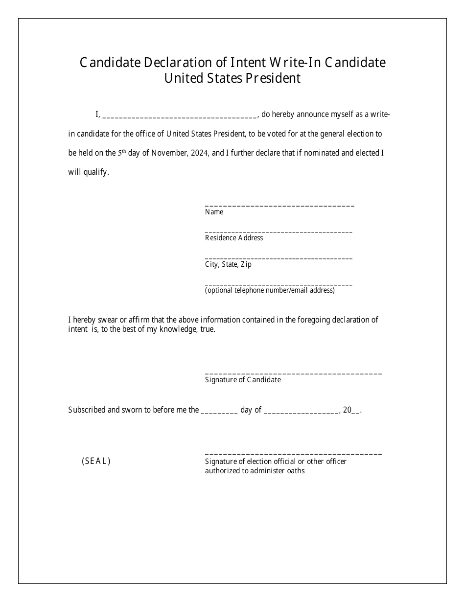 Candidate Declaration of Intent Write-In Candidate - United States President - Missouri, Page 1