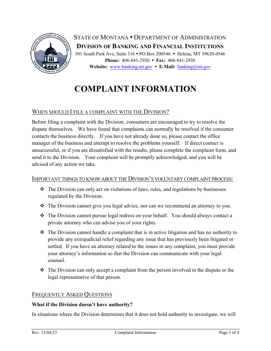Complaint Form - Montana, Page 1