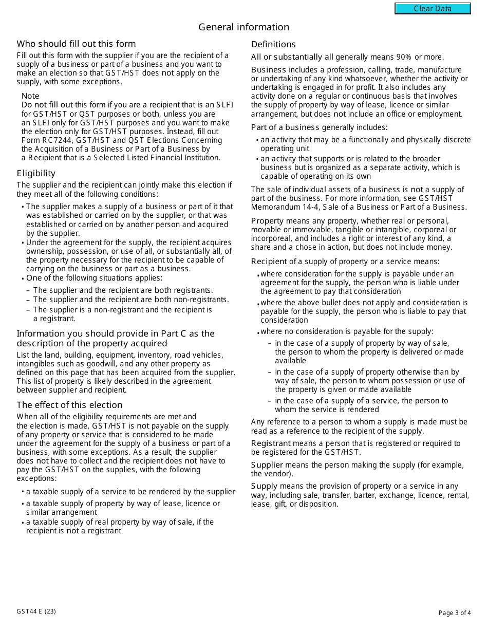 Form GST44 Gst / Hst Election Concerning the Acquisition of a Business or Part of a Business - Canada, Page 3
