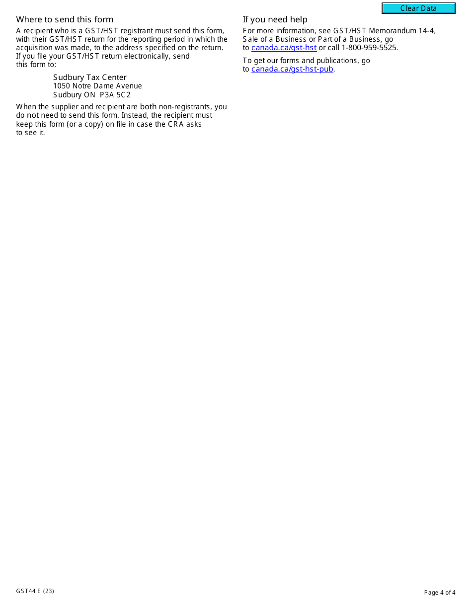 Form GST44 Gst / Hst Election Concerning the Acquisition of a Business or Part of a Business - Canada, Page 4