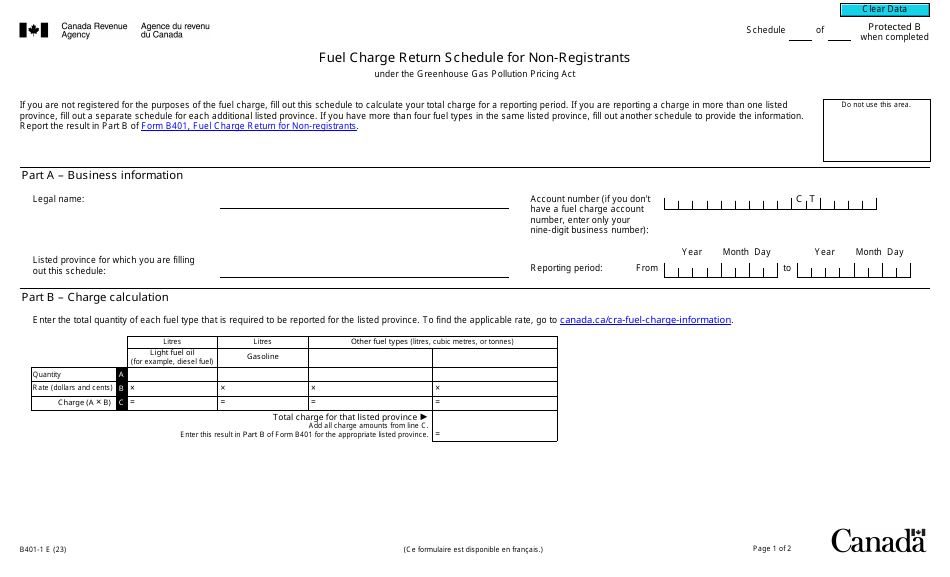 Form B401-1 Fuel Charge Return Schedule for Non-registrants - Canada, Page 1