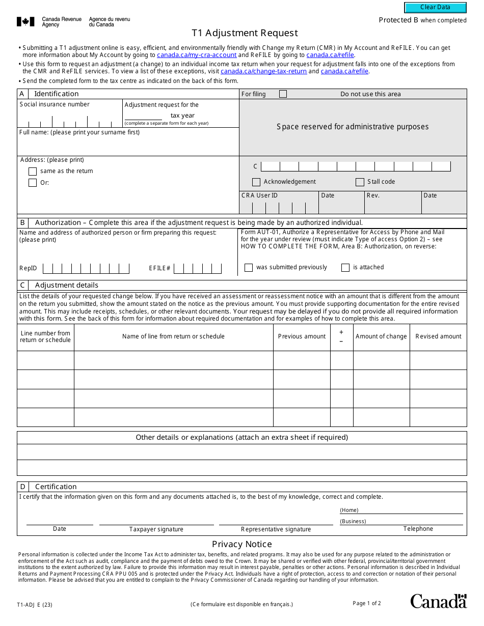 Form T1ADJ Fill Out, Sign Online and Download Fillable PDF, Canada