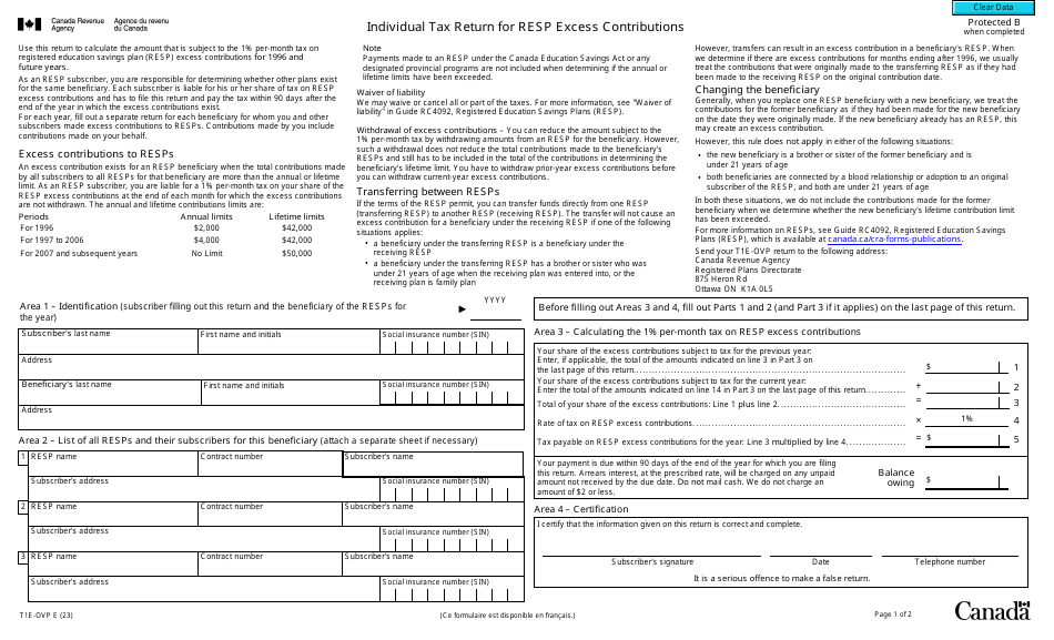 Form T1E-OVP Individual Tax Return for Resp Excess Contributions - Canada, Page 1