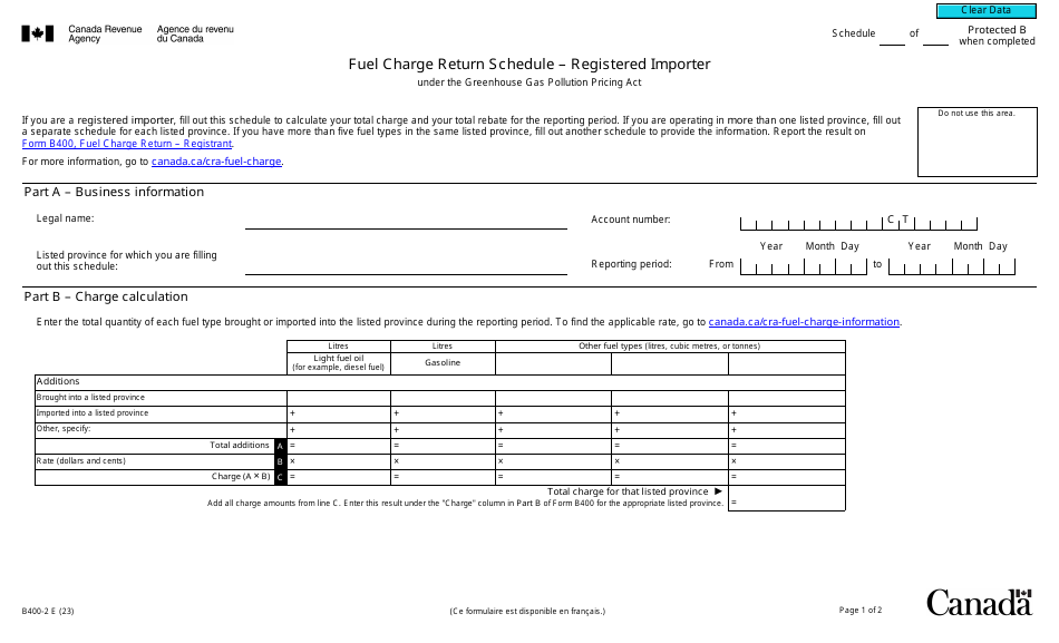 Form B400-2 Fuel Charge Return Schedule - Registered Importer - Canada, Page 1