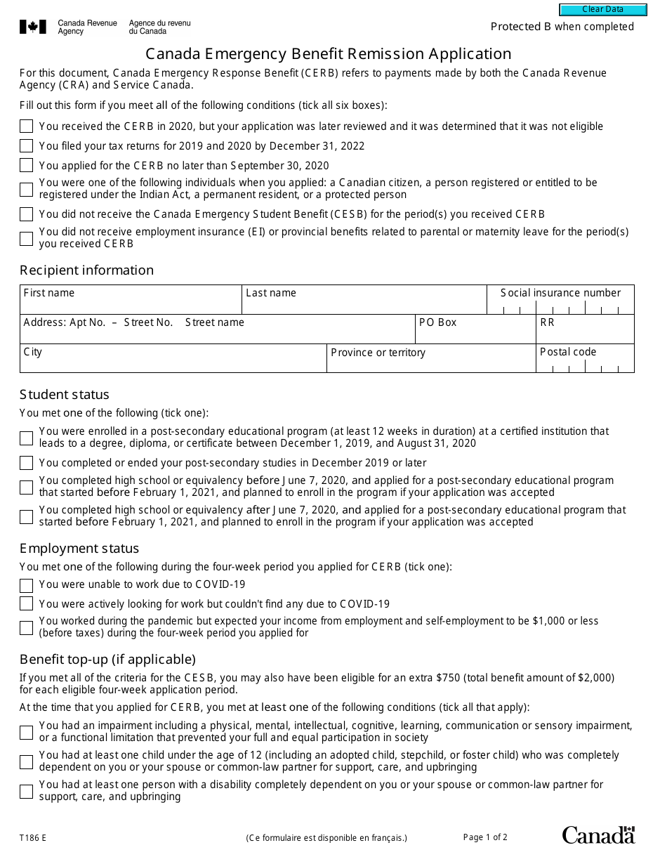 Form t186 download fillable pdf or fill online canada emergency benefit