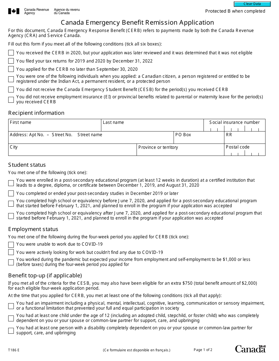 Form T186 Canada Emergency Benefit Remission Application - Canada, Page 1