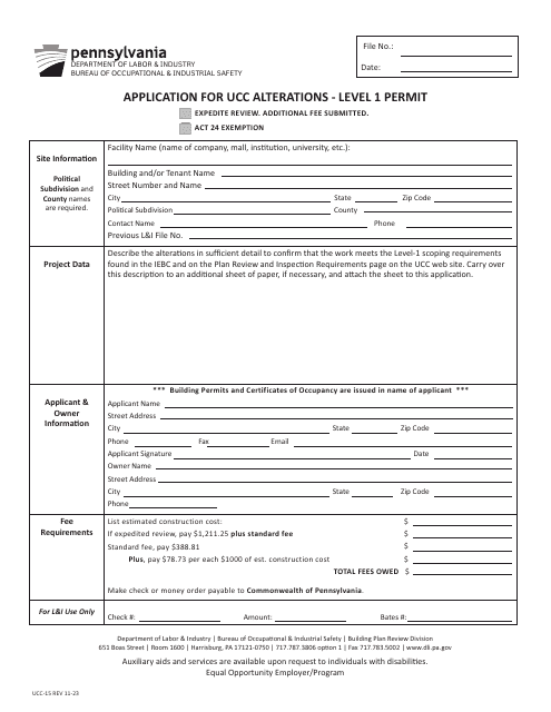 Form UCC-15 Application for Ucc Alterations - Level 1 Permit - Pennsylvania