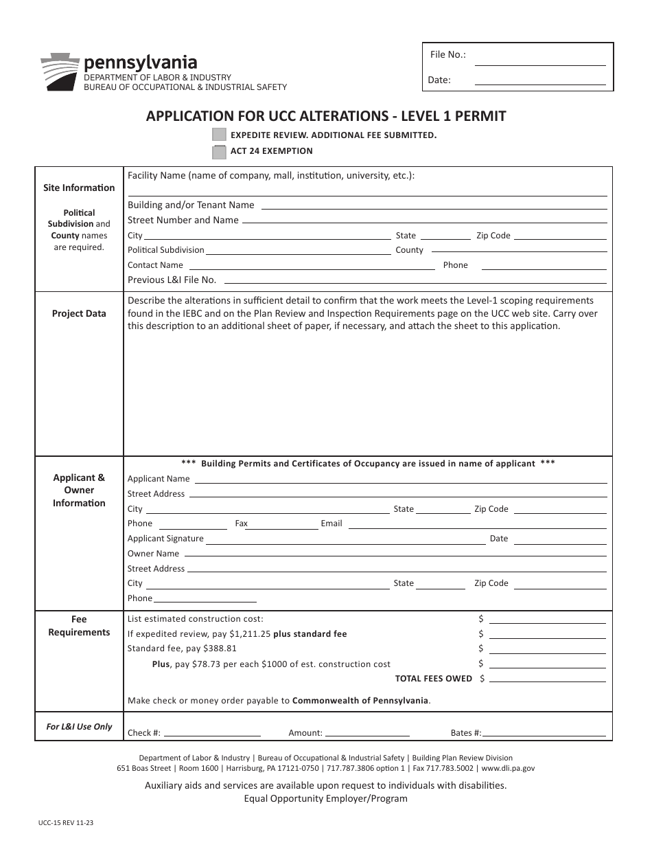 Form UCC-15 Application for Ucc Alterations - Level 1 Permit - Pennsylvania, Page 1
