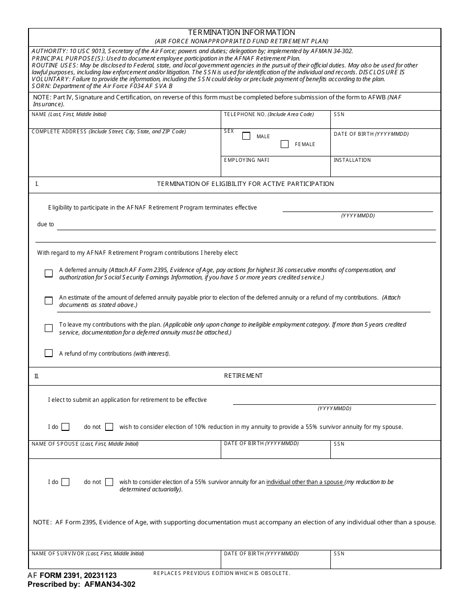 AF Form 2391 Termination Information (Air Force Nonappropriated Fund Retirement Plan), Page 1