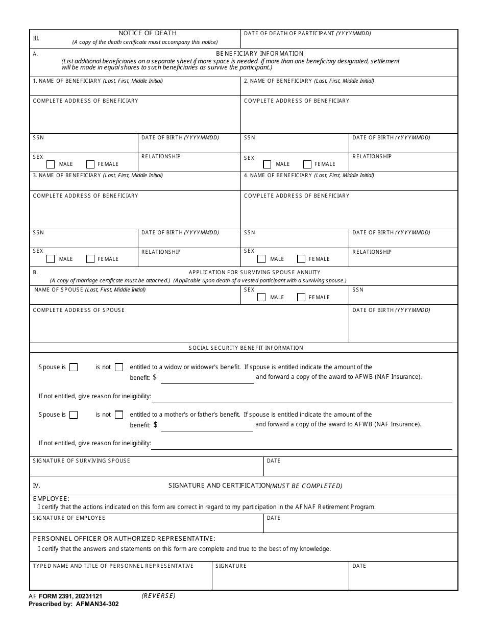 AF Form 2391 Termination Information (Air Force Nonappropriated Fund Retirement Plan), Page 2