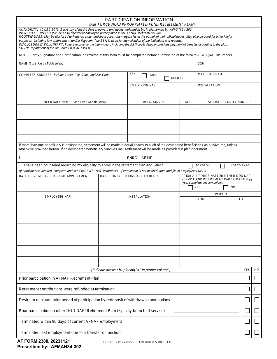 AF Form 2388 Participation Information (Air Force Nonappropriated Fund Retirement Plan), Page 1