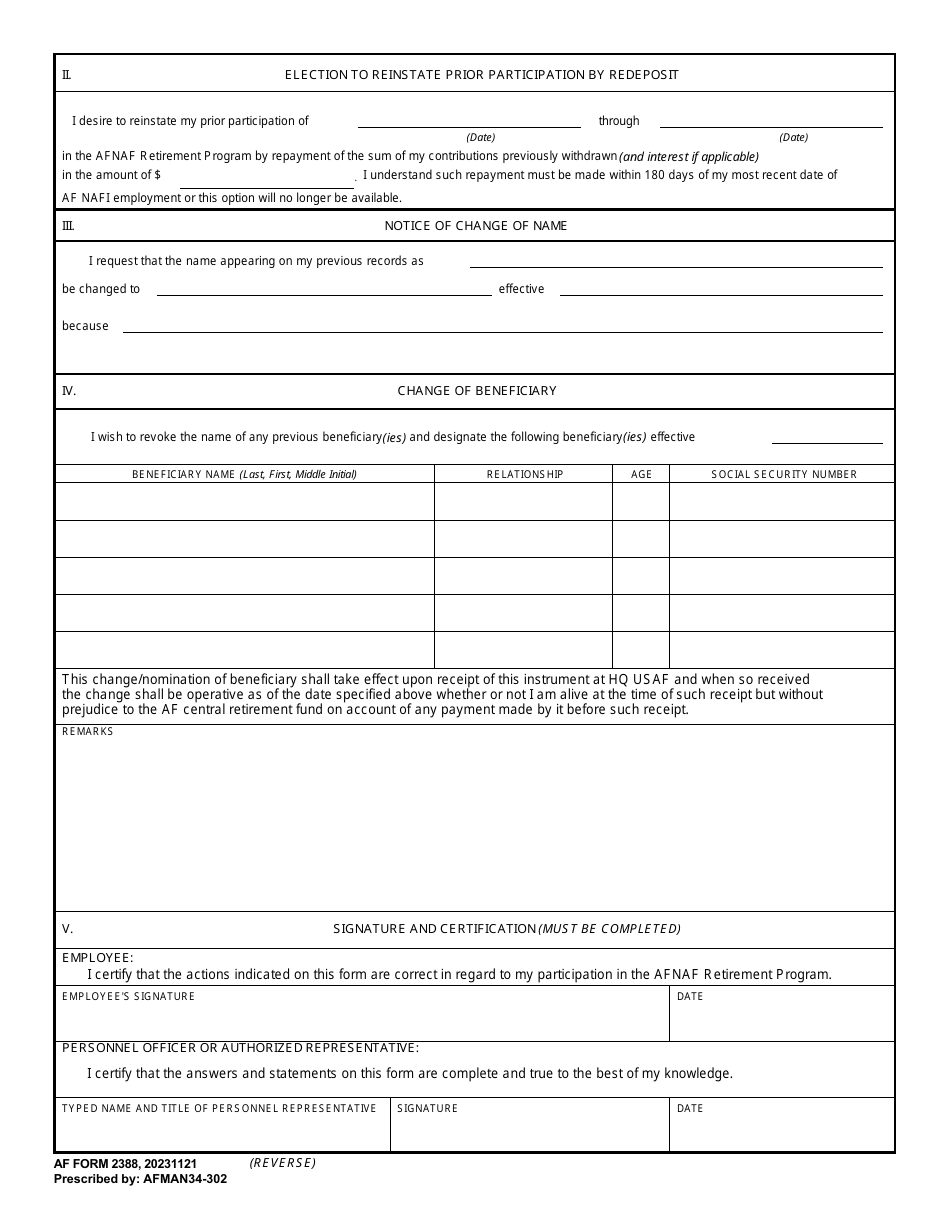 AF Form 2388 Participation Information (Air Force Nonappropriated Fund Retirement Plan), Page 2